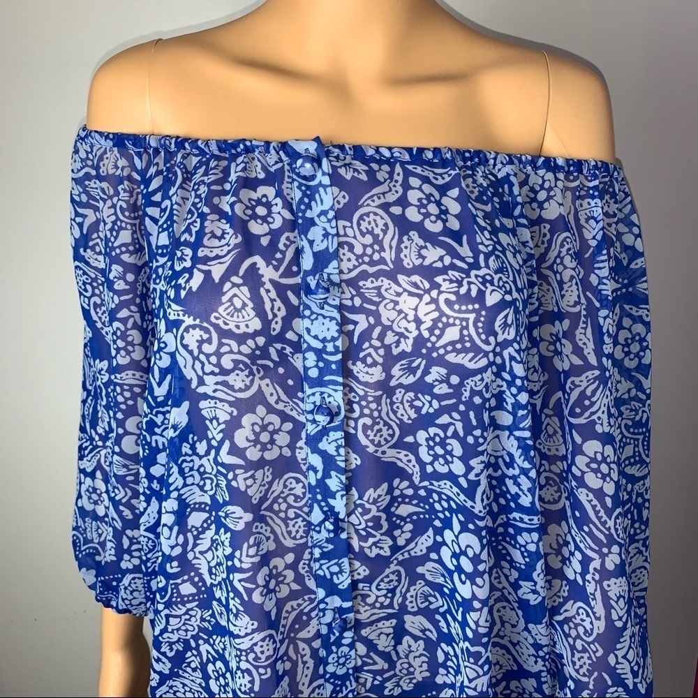 CAbi Blue Flower Print Semi Sheer Blouse